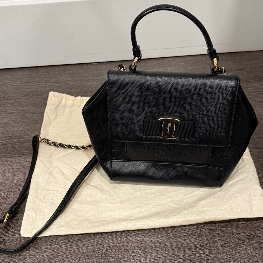 Salvatore Ferragamo Vara Bow Black Leather Satchel with Chain Strap